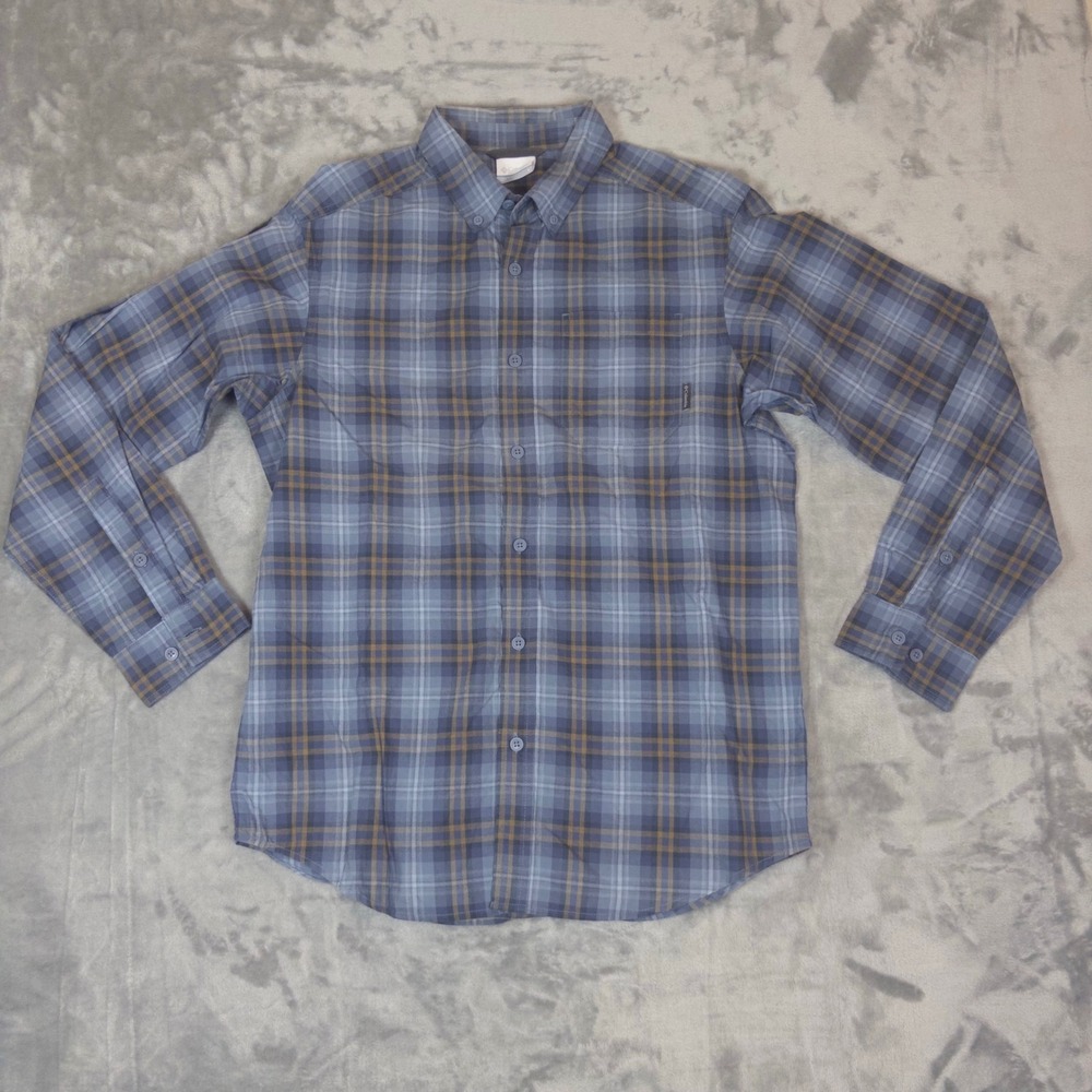 Columbia Plaid Button Down Shirt Mens Small Blue Long Sleeve Hiking Cotton